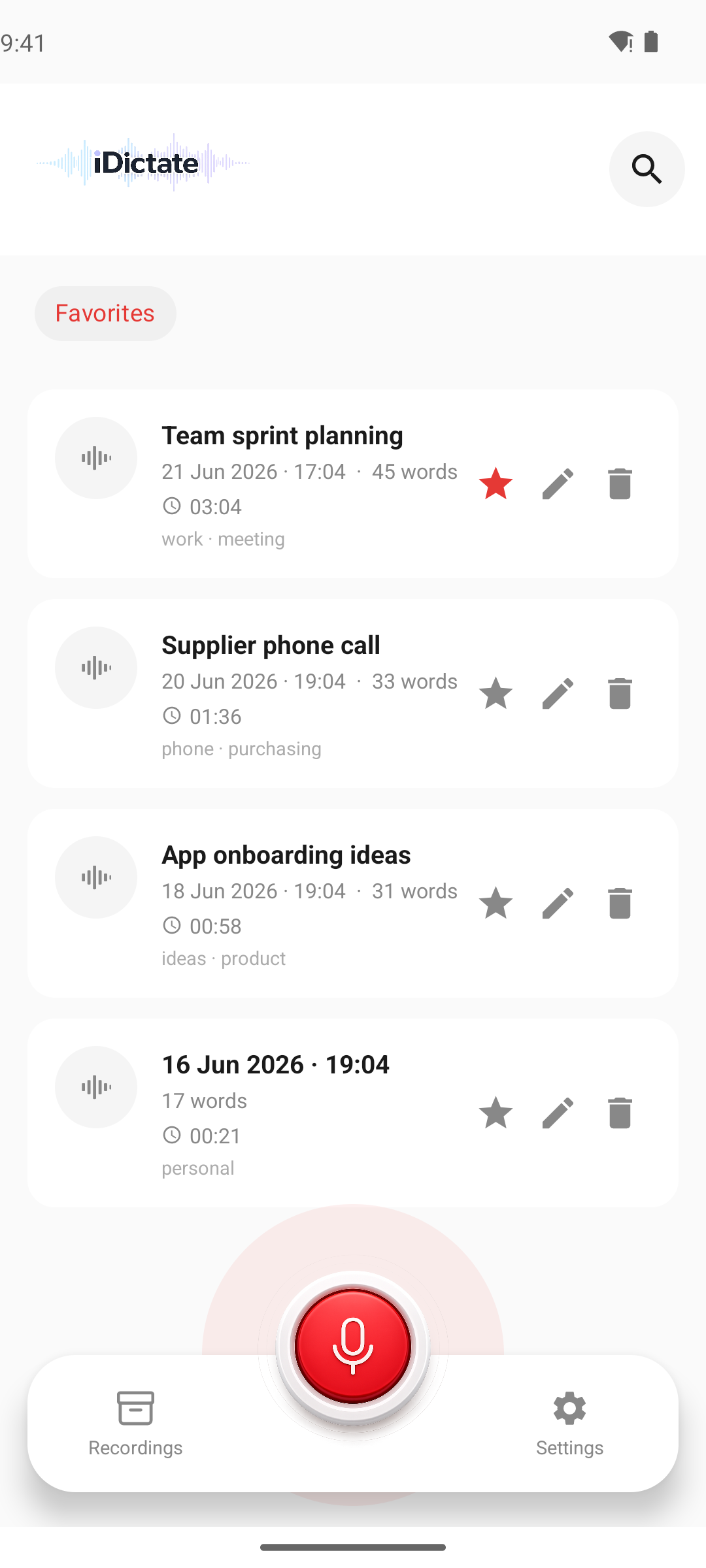 iDictate dictation list on Android