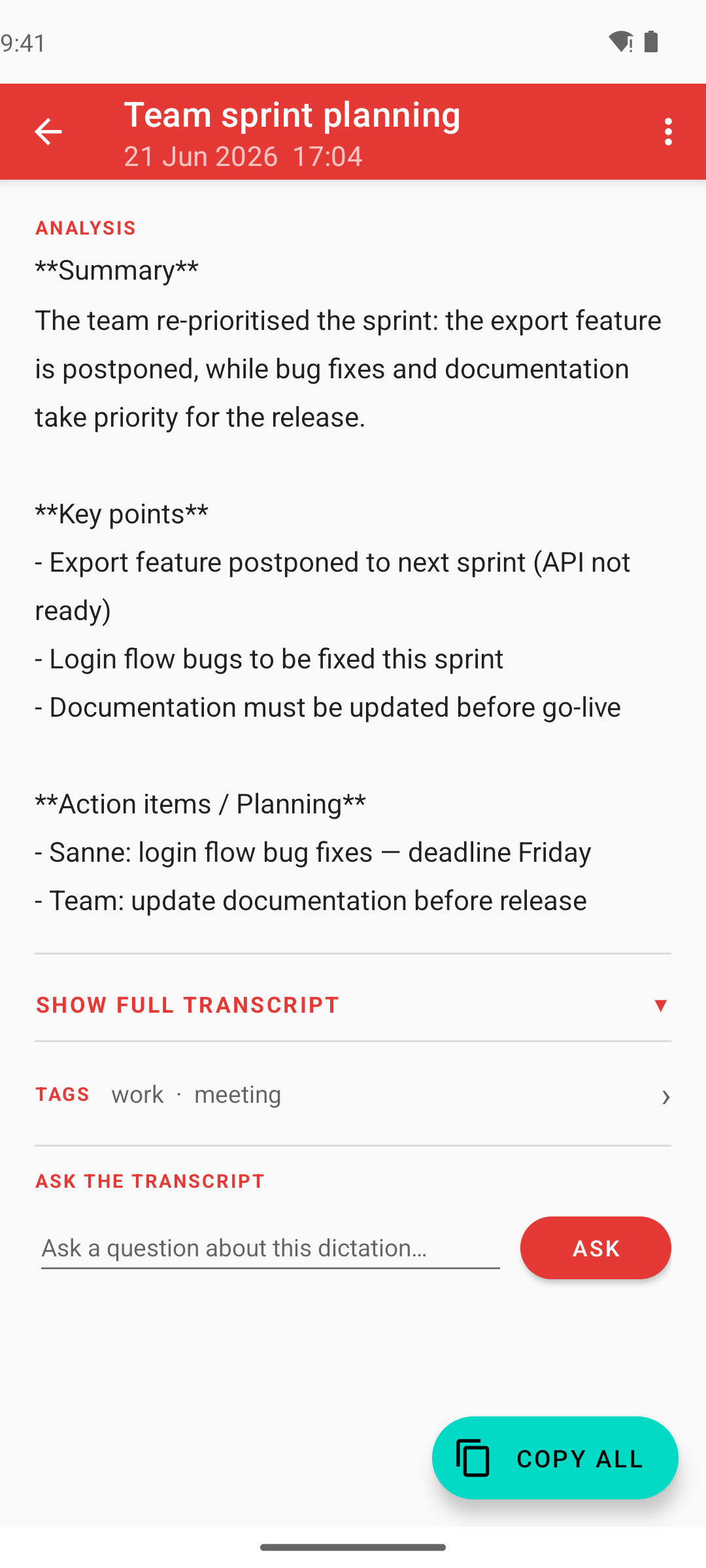 AI analysis and summary of a dictation by Claude