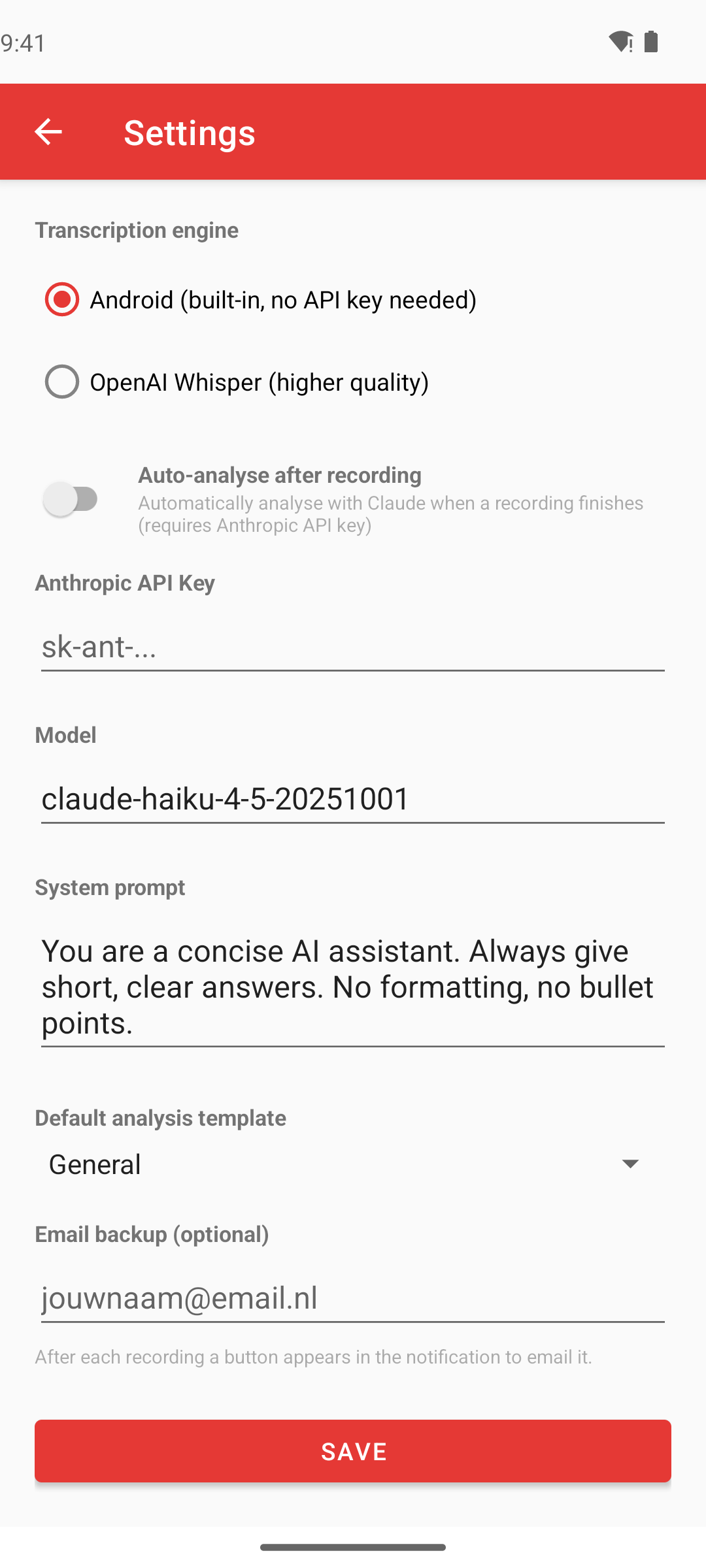 iDictate settings: Whisper transcription and Claude analysis