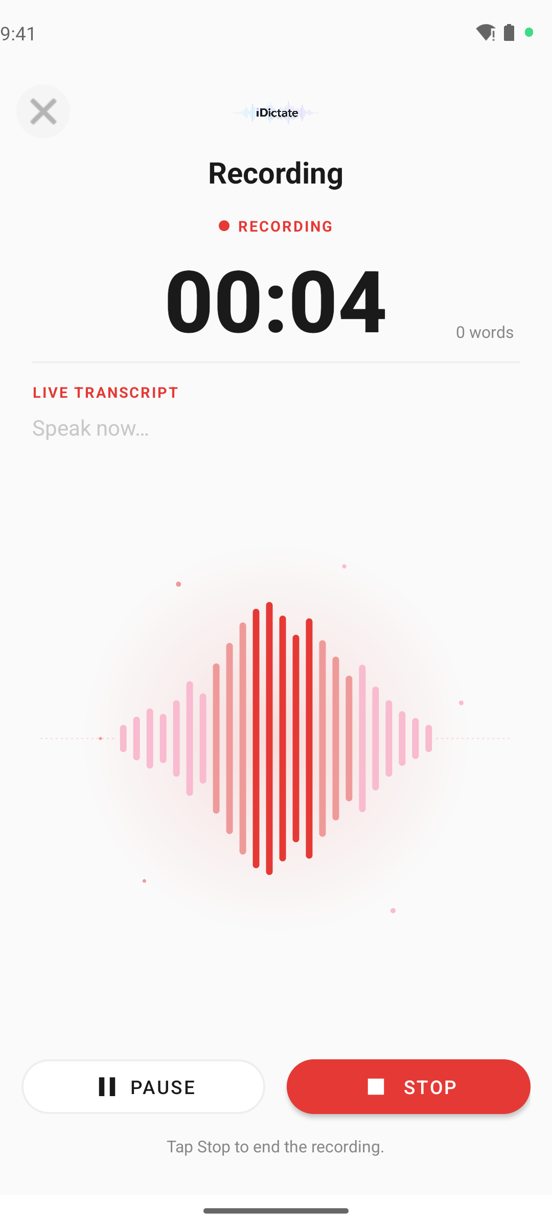 iDictate voice recording screen with live waveform
